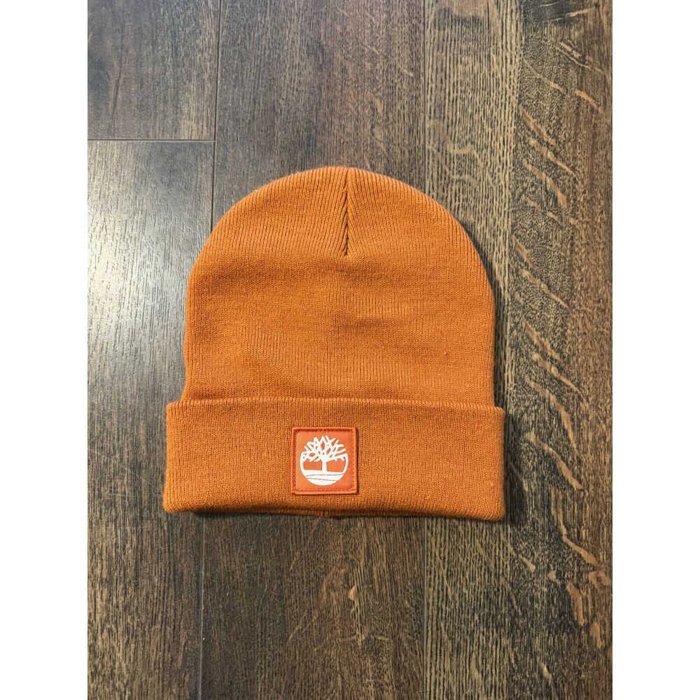 Timberland Orange Knit Cuffed Beanie – Classic Logo Patch